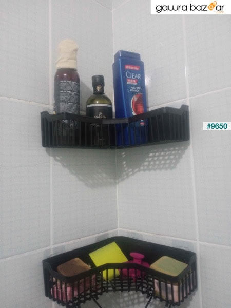 رف حمام لاصق من بانيور، منظم حمام مكون من قطعتين، حامل شامبو منظم رف الدش، بلاستيك