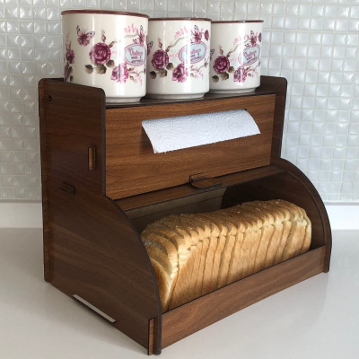 صندوق خبز بتصميم، صندوق مخبوزات، منظم خبز خشبي، صندوق خبز هدية منزلية، صندوق خبز من طبقتين
