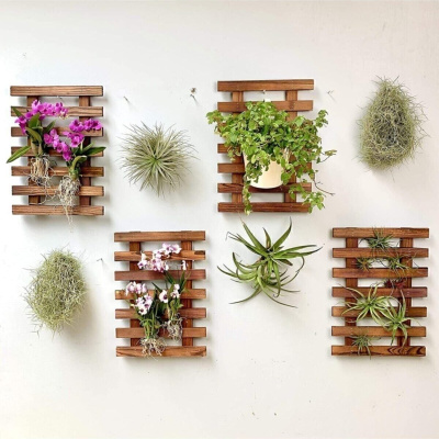طقم أوعية زهور خشبية مزخرفة مثبتة على الحائط مكونة من 4 قطع