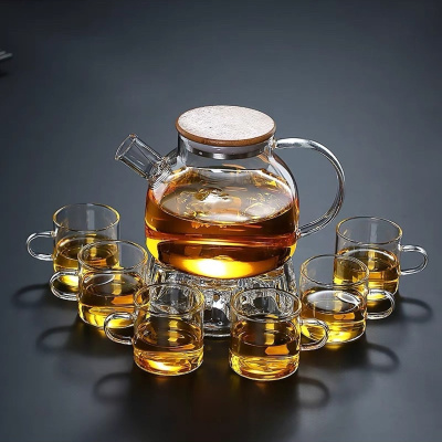 إبريق شاي زجاجي مقاوم للحرارة 1000 مل مع مصفاة 6 قطع أكواب بوروسيليكات،