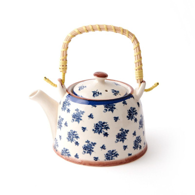 إبريق شاي أعشاب منقوش بالزهرة الزرقاء البحرية من مولان - أبيض / أزرق داكن - 800 مل