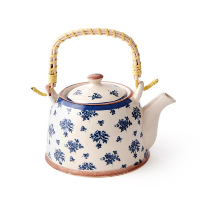 إبريق شاي أعشاب منقوش بالزهرة الزرقاء البحرية من مولان - أبيض / أزرق داكن - 800 مل