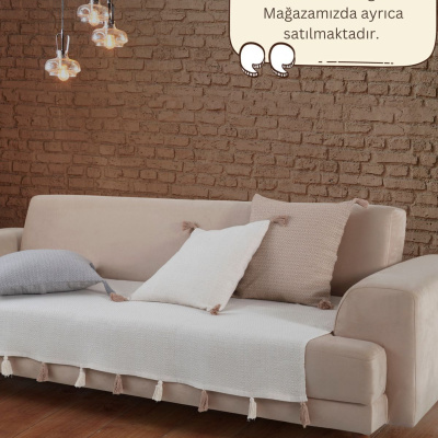 Liva Pompom Ecru غطاء أريكة 115 × 200 سم أريكة ديفان أريكة سرير غطاء كرسي بذراعين شال مع شرابات