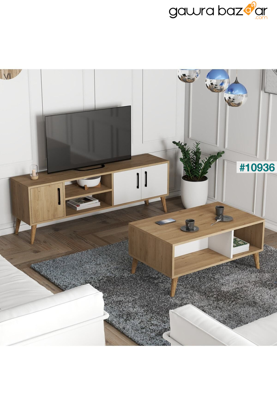 Set 1584-2074 Exxen TV Unit طاولة القهوة المتوسطة Exxen (أرجل خشبية) - سلة-لون أبيض Mezza 0