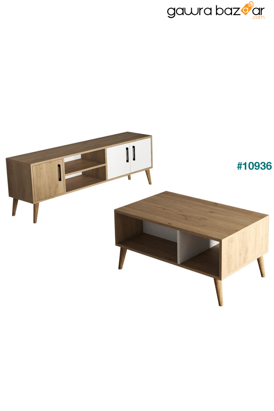 Set 1584-2074 Exxen TV Unit طاولة القهوة المتوسطة Exxen (أرجل خشبية) - سلة-لون أبيض Mezza 4