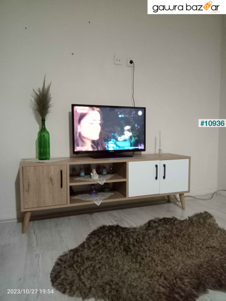 Set 1584-2074 Exxen TV Unit طاولة القهوة المتوسطة Exxen (أرجل خشبية) - سلة-لون أبيض