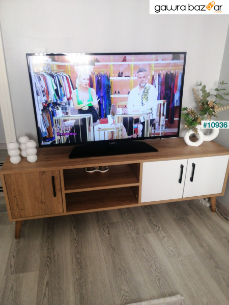 Set 1584-2074 Exxen TV Unit طاولة القهوة المتوسطة Exxen (أرجل خشبية) - سلة-لون أبيض