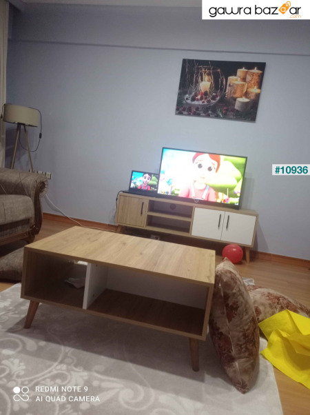 Set 1584-2074 Exxen TV Unit طاولة القهوة المتوسطة Exxen (أرجل خشبية) - سلة-لون أبيض