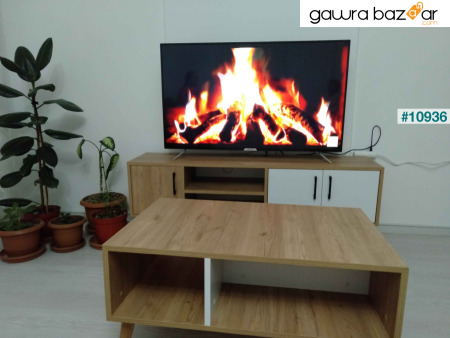 Set 1584-2074 Exxen TV Unit طاولة القهوة المتوسطة Exxen (أرجل خشبية) - سلة-لون أبيض