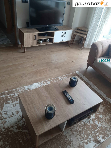 Set 1584-2074 Exxen TV Unit طاولة القهوة المتوسطة Exxen (أرجل خشبية) - سلة-لون أبيض