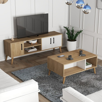 Set 1584-2074 Exxen TV Unit طاولة القهوة المتوسطة Exxen (أرجل خشبية) - سلة-لون أبيض