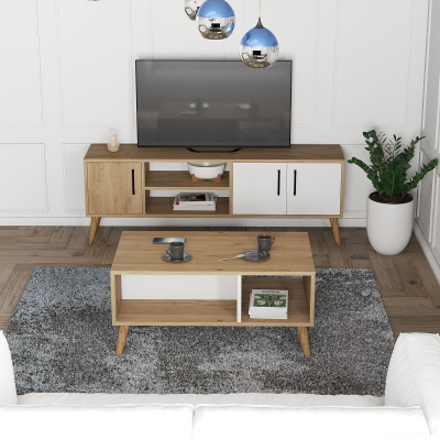 Set 1584-2074 Exxen TV Unit طاولة القهوة المتوسطة Exxen (أرجل خشبية) - سلة-لون أبيض