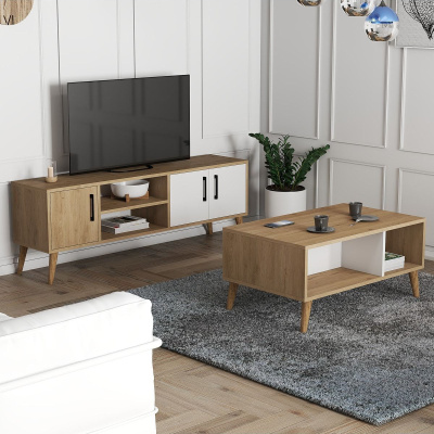 Set 1584-2074 Exxen TV Unit طاولة القهوة المتوسطة Exxen (أرجل خشبية) - سلة-لون أبيض