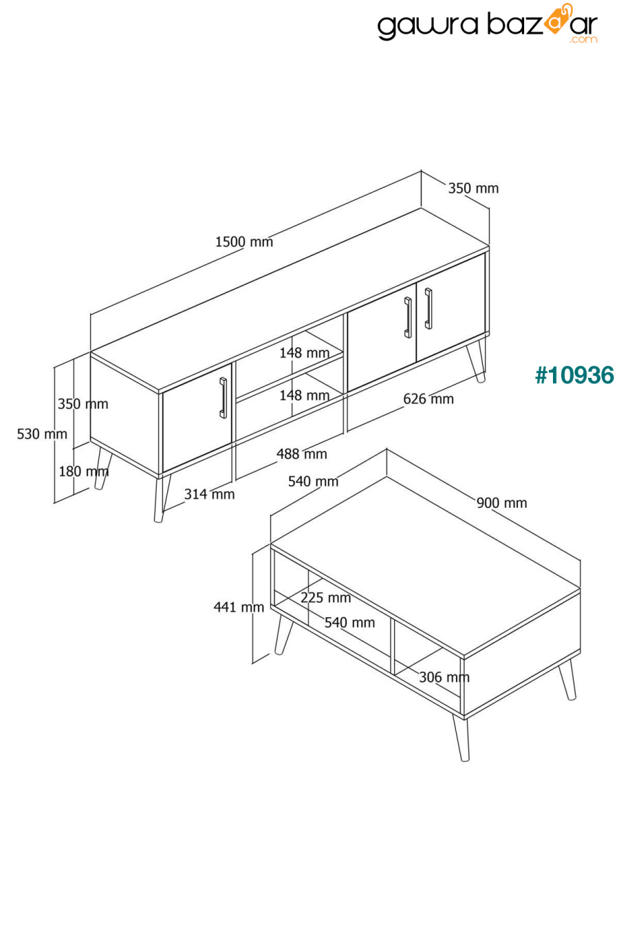 Set 1584-2074 Exxen TV Unit طاولة القهوة المتوسطة Exxen (أرجل خشبية) - سلة-لون أبيض Mezza 1