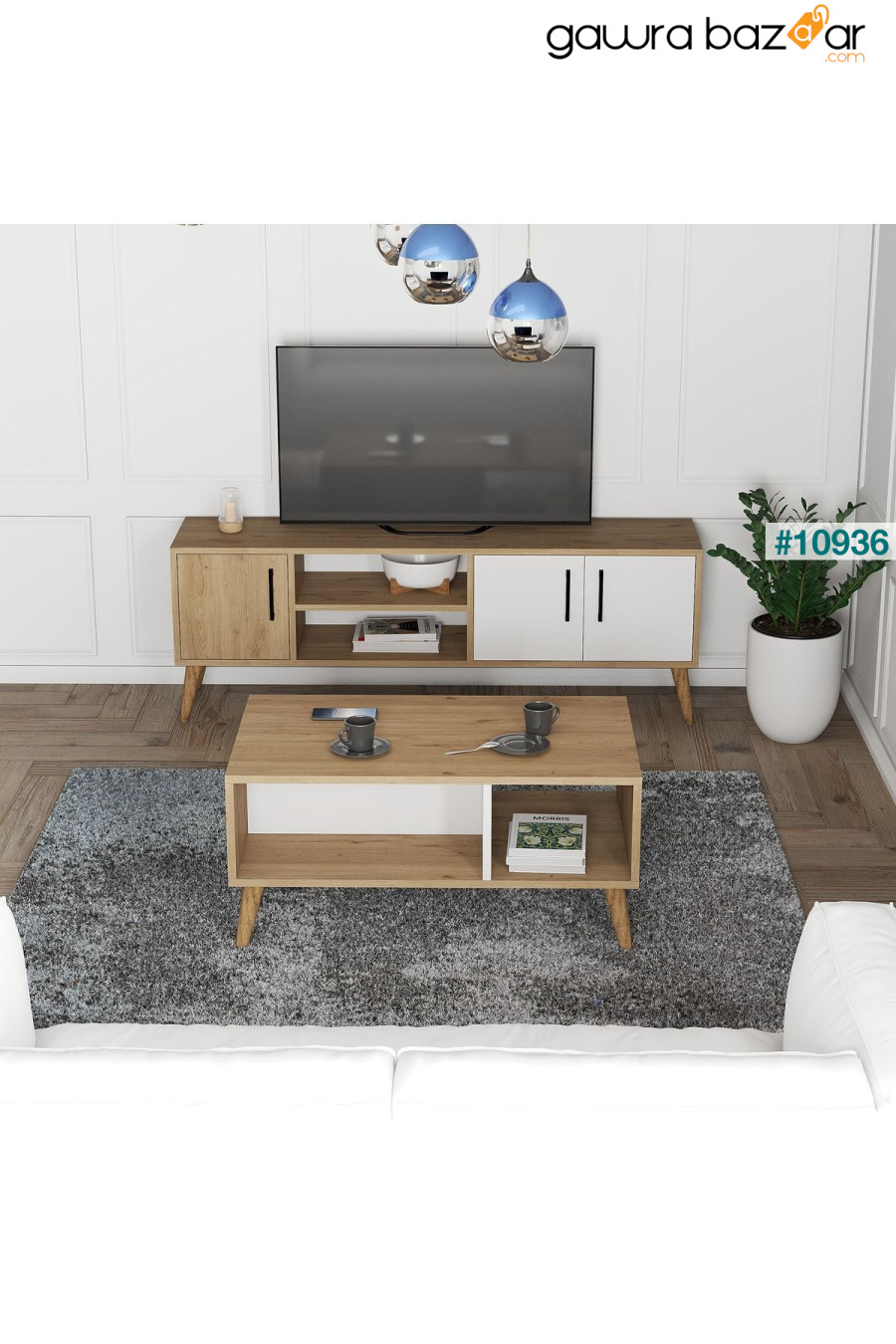 Set 1584-2074 Exxen TV Unit طاولة القهوة المتوسطة Exxen (أرجل خشبية) - سلة-لون أبيض Mezza 2