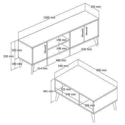 Set 1584-2074 Exxen TV Unit طاولة القهوة المتوسطة Exxen (أرجل خشبية) - سلة-لون أبيض