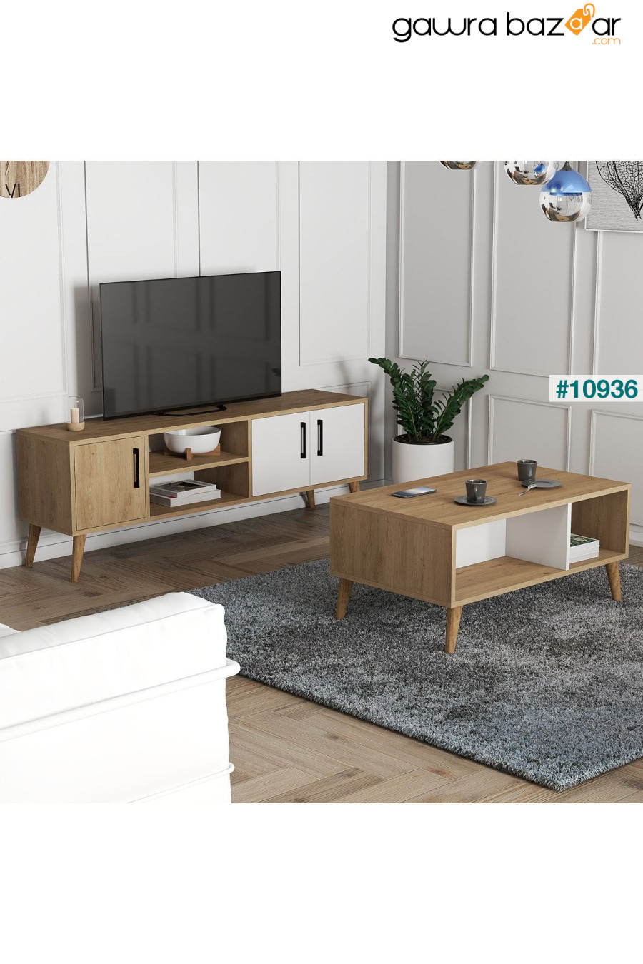 Set 1584-2074 Exxen TV Unit طاولة القهوة المتوسطة Exxen (أرجل خشبية) - سلة-لون أبيض Mezza 3