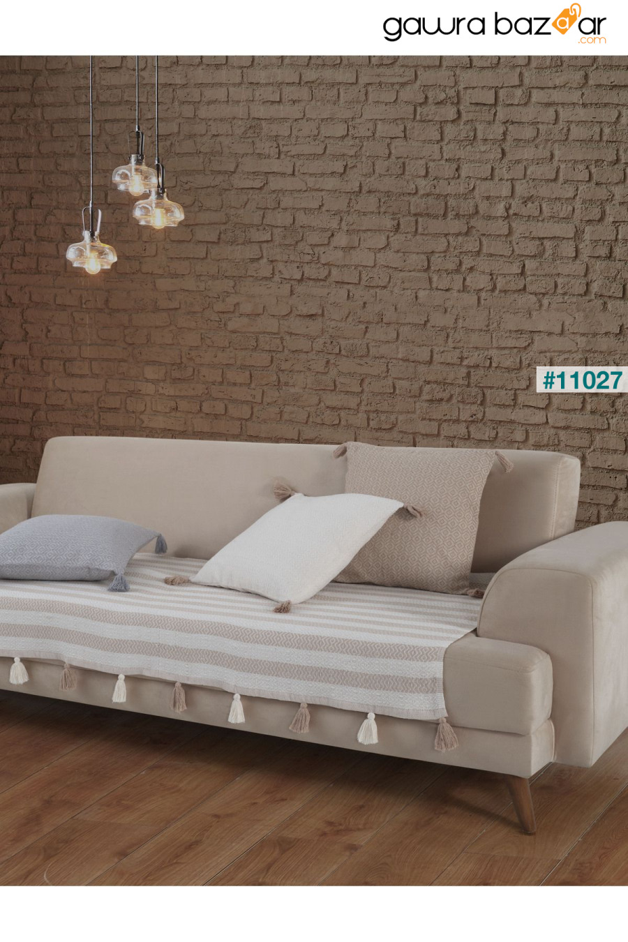 غطاء أريكة Liva Pompom باللون البيج مقاس 115 × 200 سم غطاء أريكة ديفان للأريكة والسرير بذراعين وشال مع شرابات Lux Touch 1