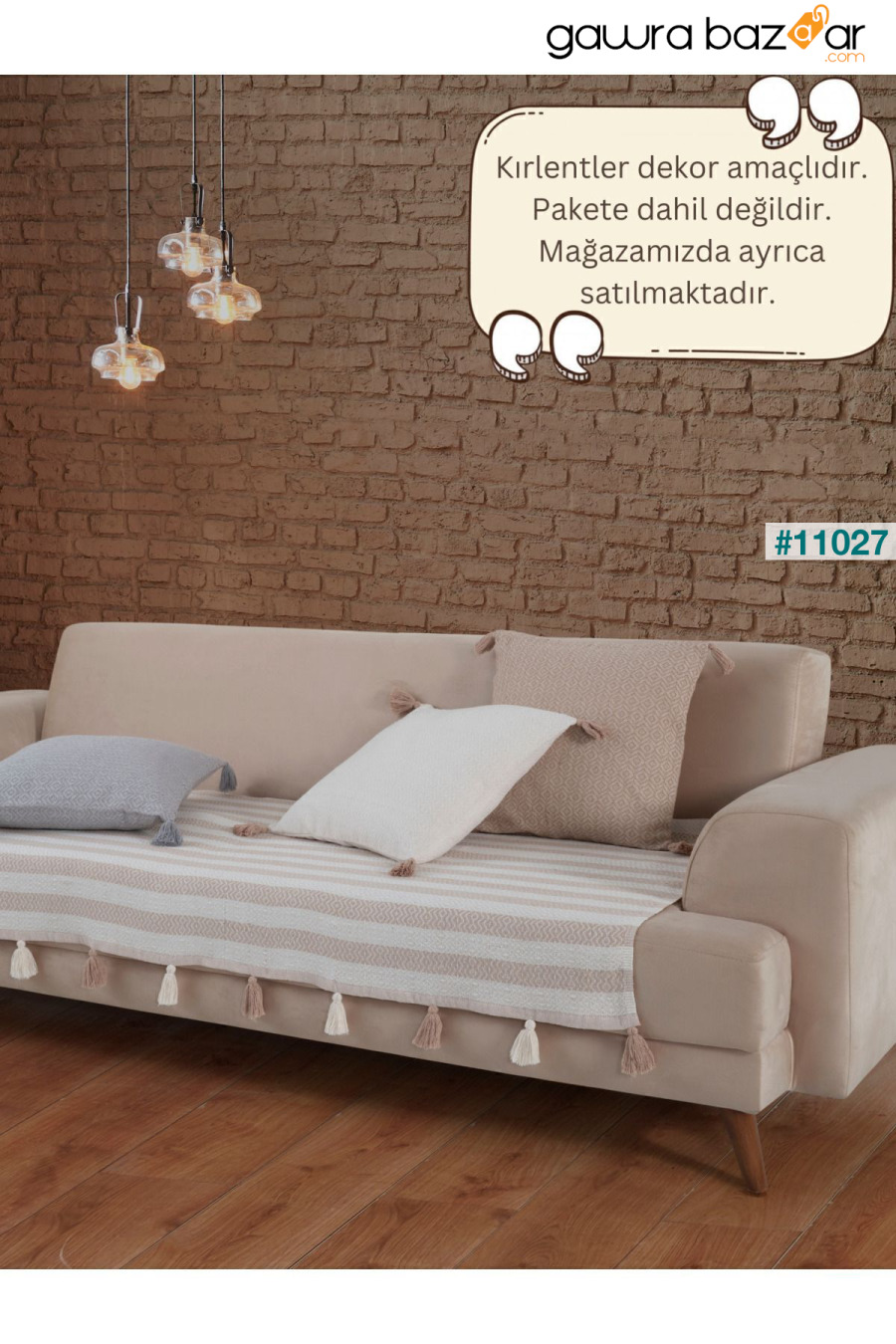 غطاء أريكة Liva Pompom باللون البيج مقاس 115 × 200 سم غطاء أريكة ديفان للأريكة والسرير بذراعين وشال مع شرابات Lux Touch 0