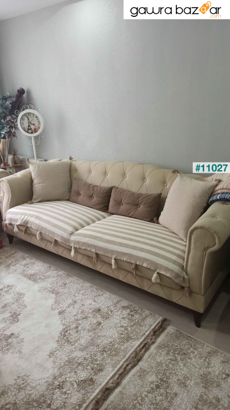 غطاء أريكة Liva Pompom باللون البيج مقاس 115 × 200 سم غطاء أريكة ديفان للأريكة والسرير بذراعين وشال مع شرابات