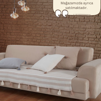 غطاء أريكة Liva Pompom باللون البيج مقاس 115 × 200 سم غطاء أريكة ديفان للأريكة والسرير بذراعين وشال مع شرابات