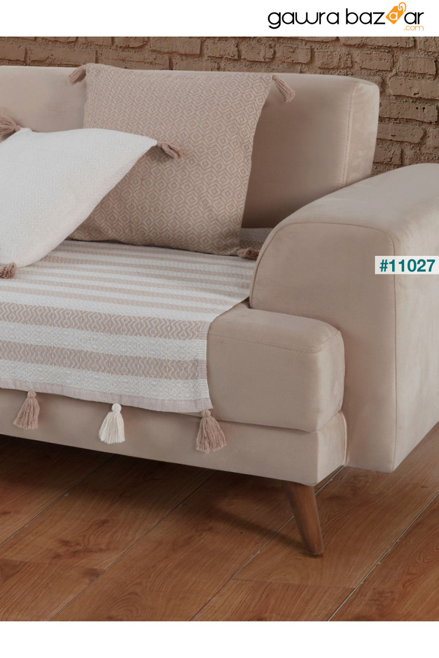 غطاء أريكة Liva Pompom باللون البيج مقاس 115 × 200 سم غطاء أريكة ديفان للأريكة والسرير بذراعين وشال مع شرابات Lux Touch 2