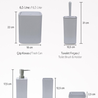 مجموعة حمام مربعة من 5 قطع - سلة المهملات، فرشاة مرحاض، موزع صابون سائل صلب، فرشاة أسنان